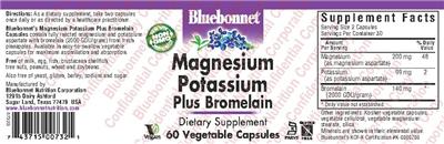 Photo of the Bluebonnet Magnesium Potassium plus Bromelain label
