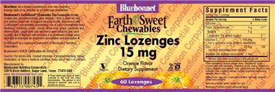 Photo of the Bluebonnet EarthSweet Chewables Zinc Lozenges 15 mg Orange Flavor label