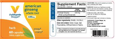 Photo of the The Vitamin Shoppe American Ginseng 648 mg label