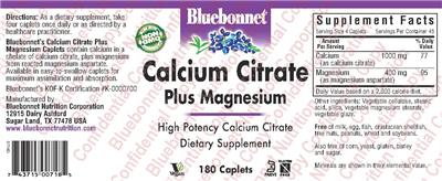 Photo of the Bluebonnet Calcium Citrate plus Magnesium label