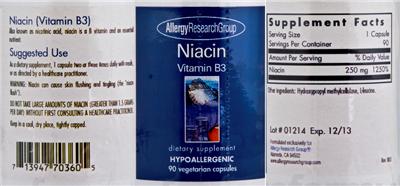 Photo of the Allergy Research Group Niacin Vitamin B3 label