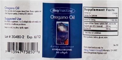 Photo of the Allergy Research Group Oregano Oil label