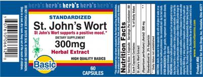 Photo of the Basic Vitamins Standardized St. John's Wort 300 mg Herbal Extract label