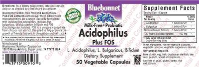 Label of Milk-Free Probiotic Acidophilus plus FOS