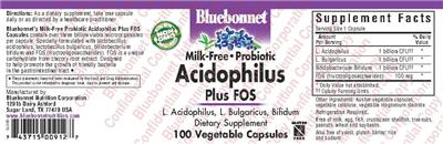 Label of Milk-Free Probiotic Acidophilus plus FOS