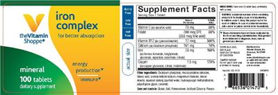 Photo of the The Vitamin Shoppe Iron Complex label