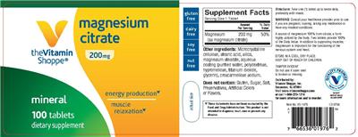 Photo of the The Vitamin Shoppe Magnesium Citrate 200 mg label