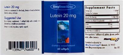 Photo of the Allergy Research Group Lutein 20 mg label