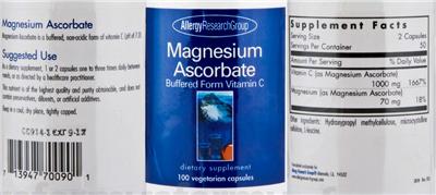 Photo of the Allergy Research Group Magnesium Ascorbate label