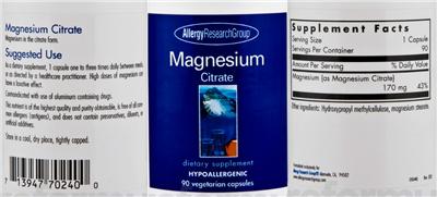 Photo of the Allergy Research Group Magnesium Citrate label
