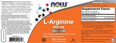 Photo of the NOW L-Arginine 500 mg label
