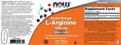 Photo of the NOW Double Strength L-Arginine 1000 mg label