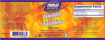 Photo of the NOW Sports Arginine & Citrulline 500/250 label