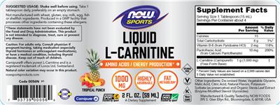 Photo of the NOW Sports Liquid L-Carnitine 1000 mg Tropical Punch label