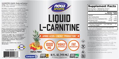 Photo of the NOW Sports Liquid L-Carnitine 1000 mg Tropical Punch label