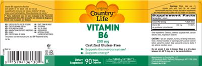 Photo of the Country Life Vitamin B6 200 mg label
