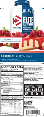 Photo of the Dymatize Elite 100% Whey Raspberry Cheesecake label