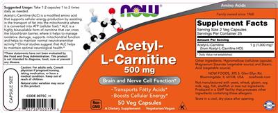 Photo of the NOW Acetyl-L Carnitine 500 mg label