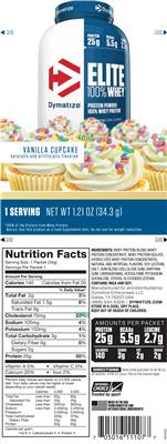 Photo of the Dymatize Elite 100% Whey Vanilla Cupcake label