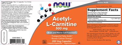 Photo of the NOW Acetyl-L-Carnitine 500 mg label