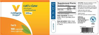 Photo of the The Vitamin Shoppe Cat's Claw 500 mg label