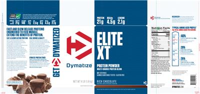 Photo of the Dymatize Elite XT Rich Chocolate label