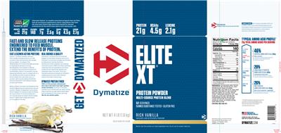 Photo of the Dymatize Elite XT Rich Vanilla label