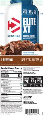 Photo of the Dymatize Elite XT Fudge Brownie label