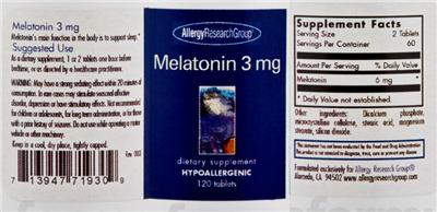 Photo of the Allergy Research Group Melatonin 3 mg label
