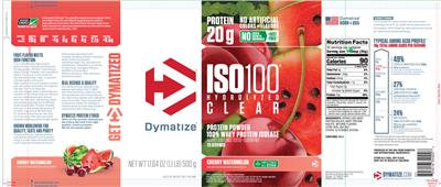 Photo of the Dymatize ISO100 Hydrolyzed Clear Cherry Watermelon label