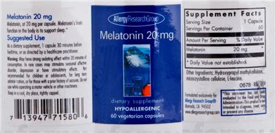 Photo of the Allergy Research Group Melatonin 20 mg label