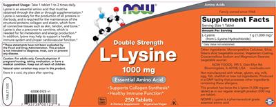 Photo of the NOW Double Strength L-Lysine 1000 mg label