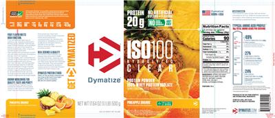 Photo of the Dymatize ISO100 Hydrolyzed Clear Pineapple Orange label