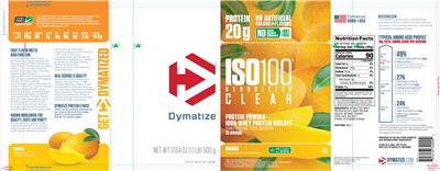 Photo of the Dymatize ISO100 Hydrolyzed Clear Mango label