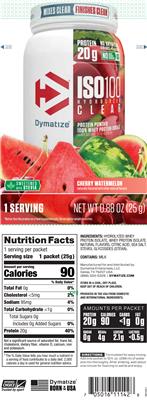 Photo of the Dymatize ISO100 Hydrolyzed Cherry Watermelon label