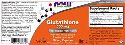 Photo of the NOW Glutathione 500 mg label