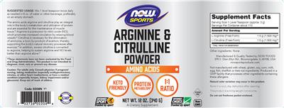 Photo of the NOW Sports Arginine & Citrulline Powder label