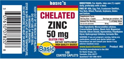Photo of the Basic Vitamins Chelated Zinc 50 mg label