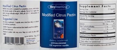 Photo of the Allergy Research Group Modified Citrus Pectin label