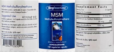 Photo of the Allergy Research Group MSM Methylsulfonylmethane label
