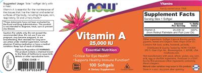 Photo of the NOW Vitamin A 25,000 IU label