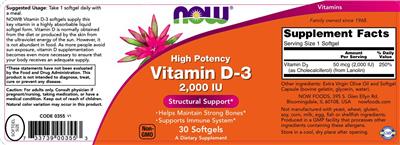 Photo of the NOW High Potency Vitamin D-3 2,000 IU label