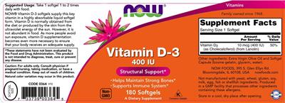 Photo of the NOW Vitamin D-3 400 IU label