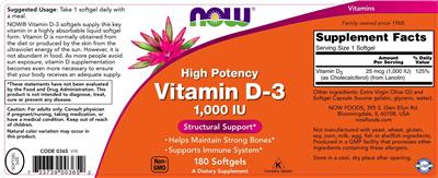 Photo of the NOW High Potency Vitamin D-3 1,000 IU label
