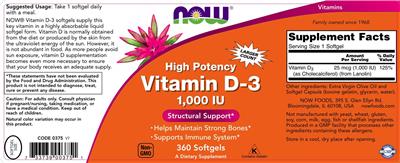 Photo of the NOW High Potency Vitamin D-3 1,000 IU label