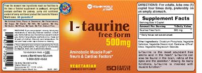 Photo of the Vitamin World L-Taurine 500 mg label