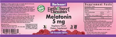 Photo of the Bluebonnet EarthSweet Chewables Melatonin 5 mg Raspberry Flavor label