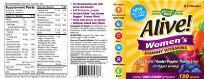 Photo of the Nature's Way Alive! Women's Gummy Vitamins Mixed Berry Flavor label