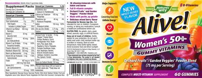 Photo of the Nature's Way Alive! Women's 50+ Gummy Vitamins Mixed Berry Flavor label
