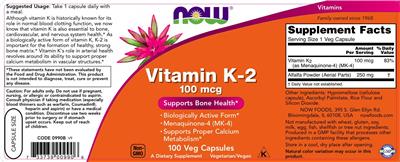 Photo of the NOW Vitamin K-2 100 mcg label